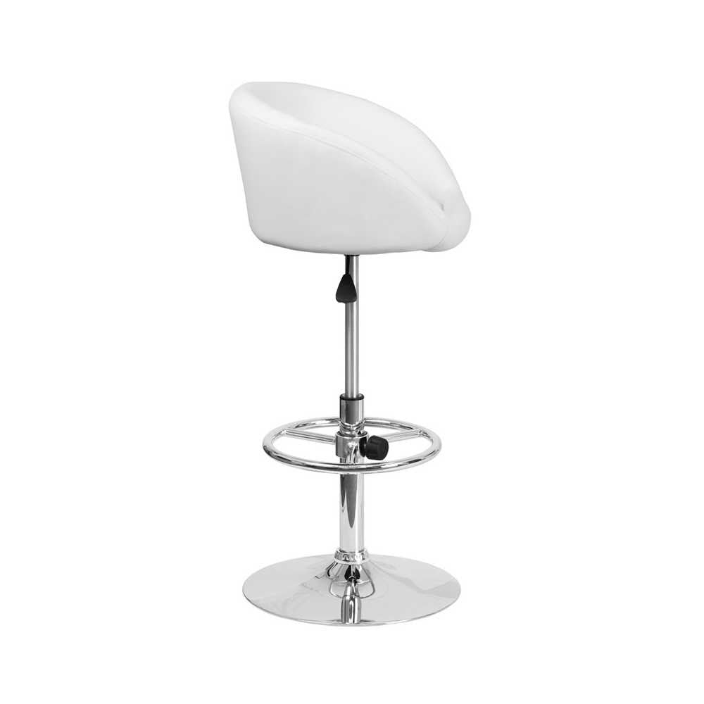 Contemporary White Vinyl Adjustable Height Barstool with Barrel Back and Chrome Base