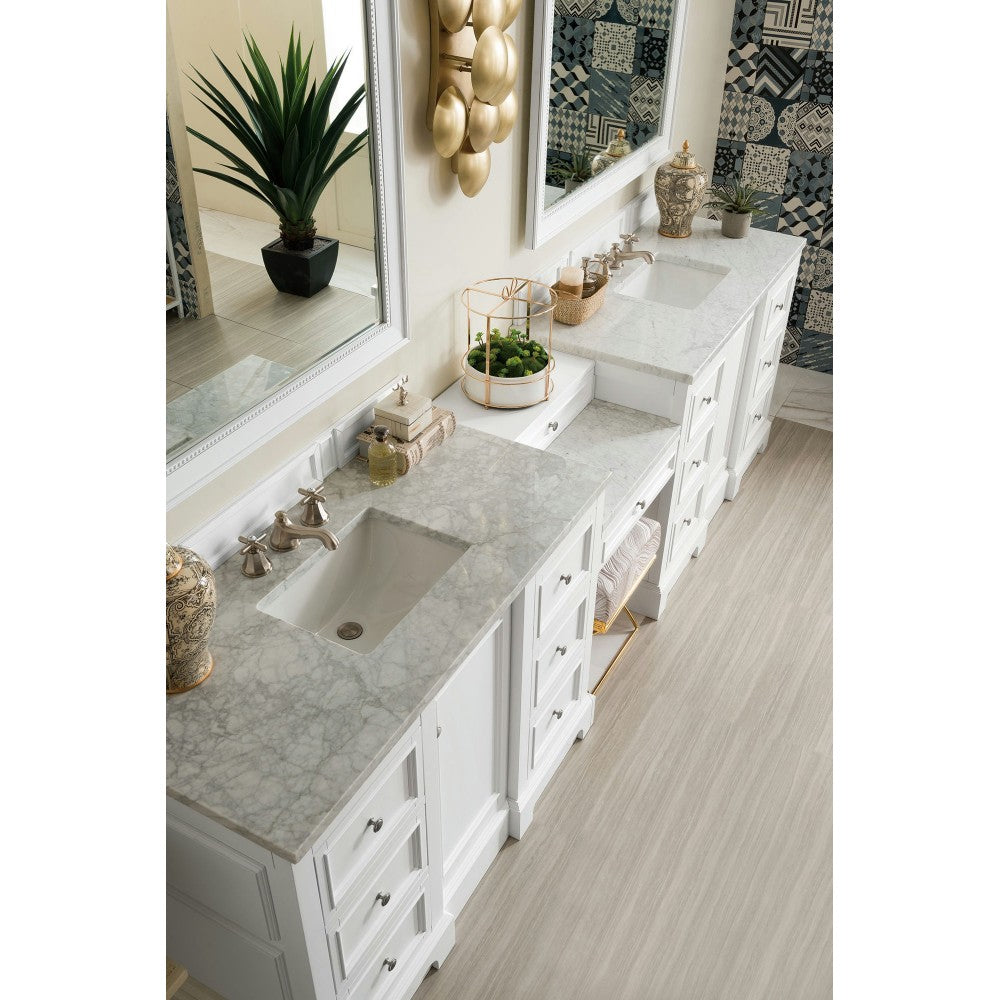 De Soto 118" Double Vanity Set White w/Makeup Table 3 CM Carrara Marble Top