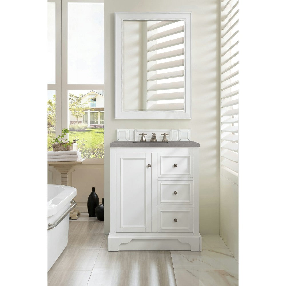 De Soto 30" Single Vanity, Bright White w/ 3 CM Gray Expo Quartz Top