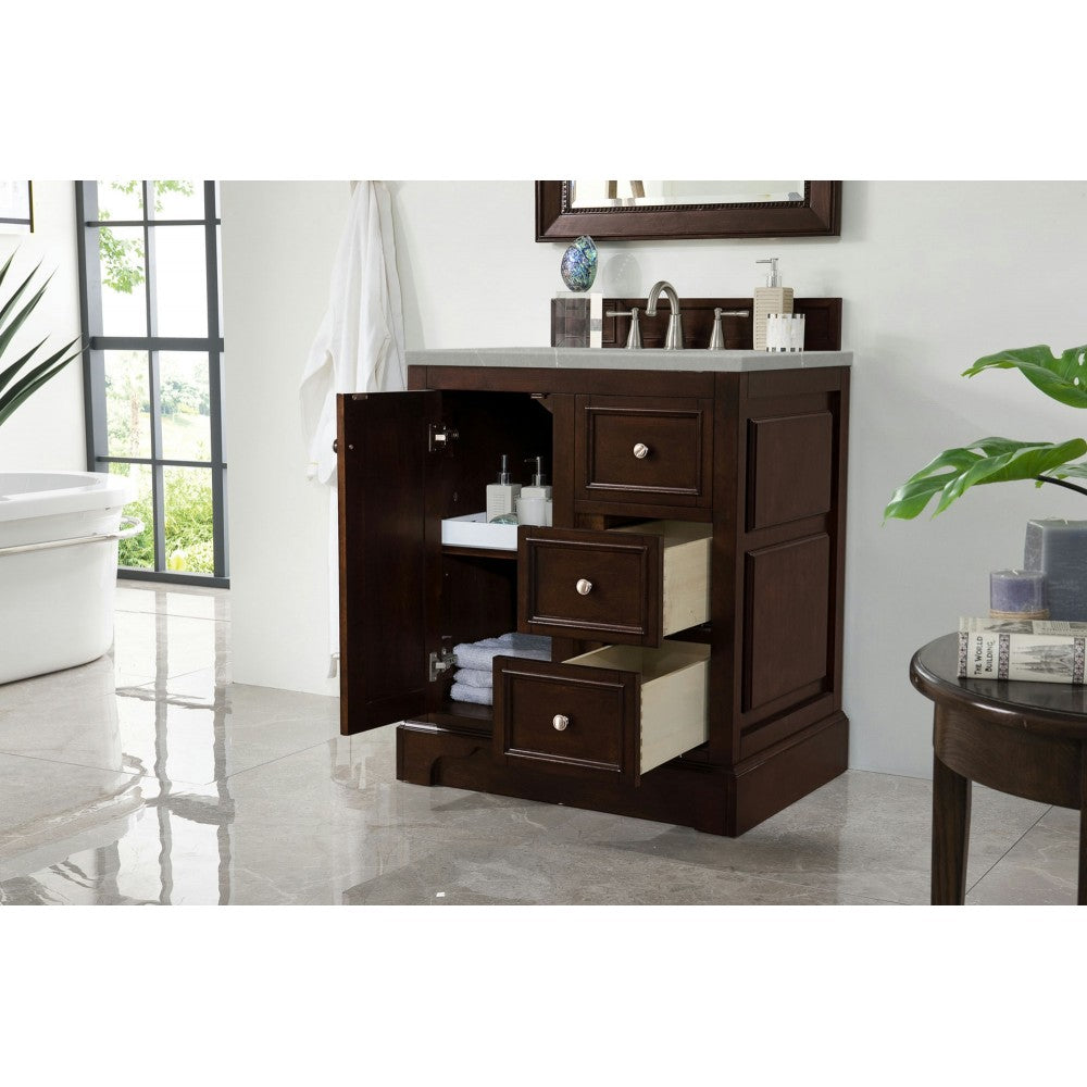 De Soto 30" Single Vanity, Burnished Mahogany w/ 3 CM Eternal Serena Quartz Top