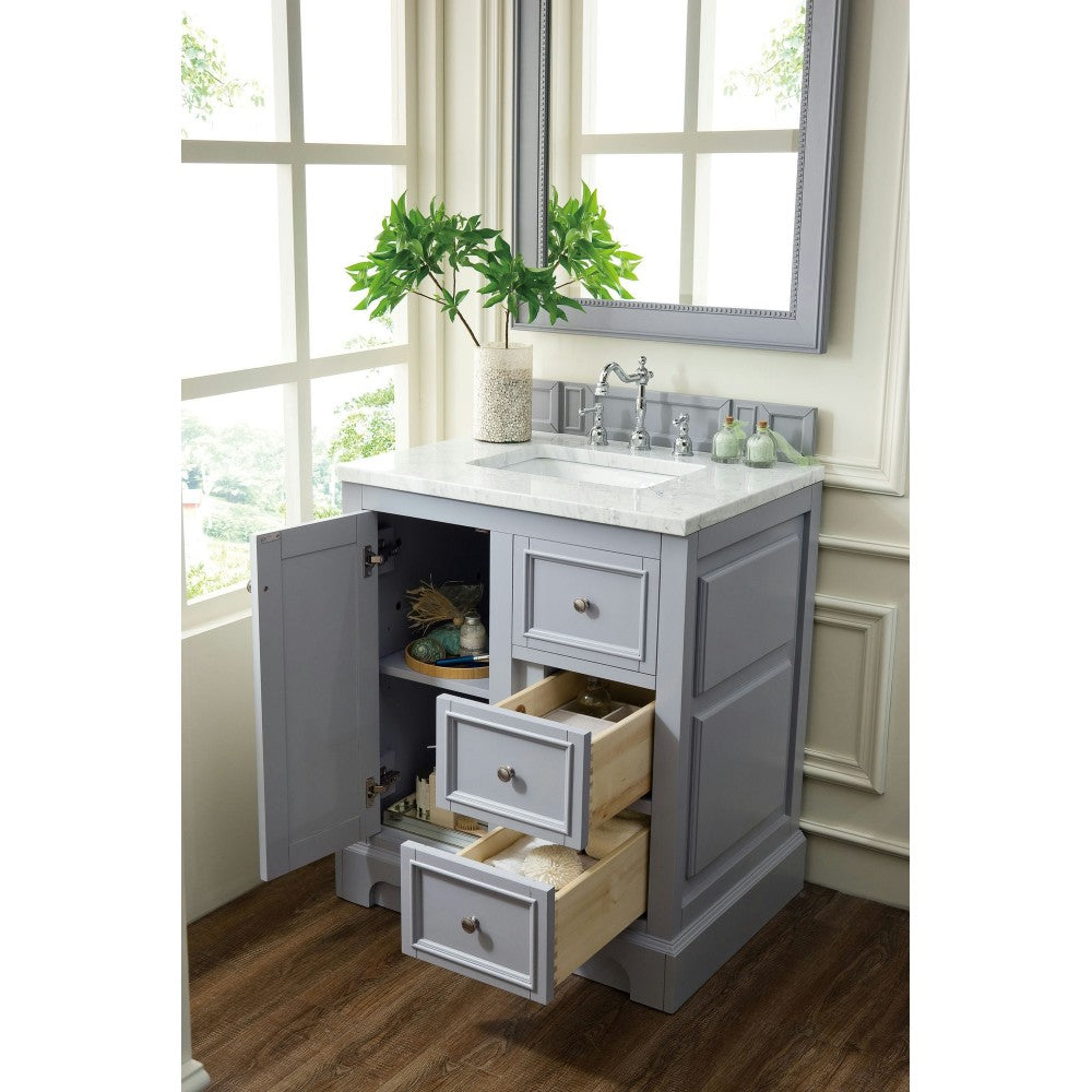 De Soto 30" Single Vanity, Silver Gray w/ 3 CM Carrara Marble Top