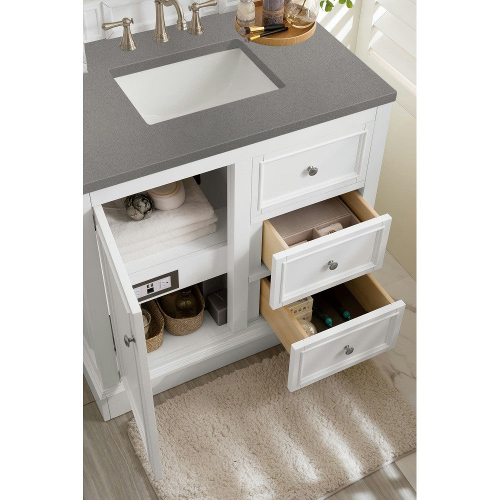 De Soto 36" Single Vanity, Bright White w/ 3 CM Gray Expo Quartz Top