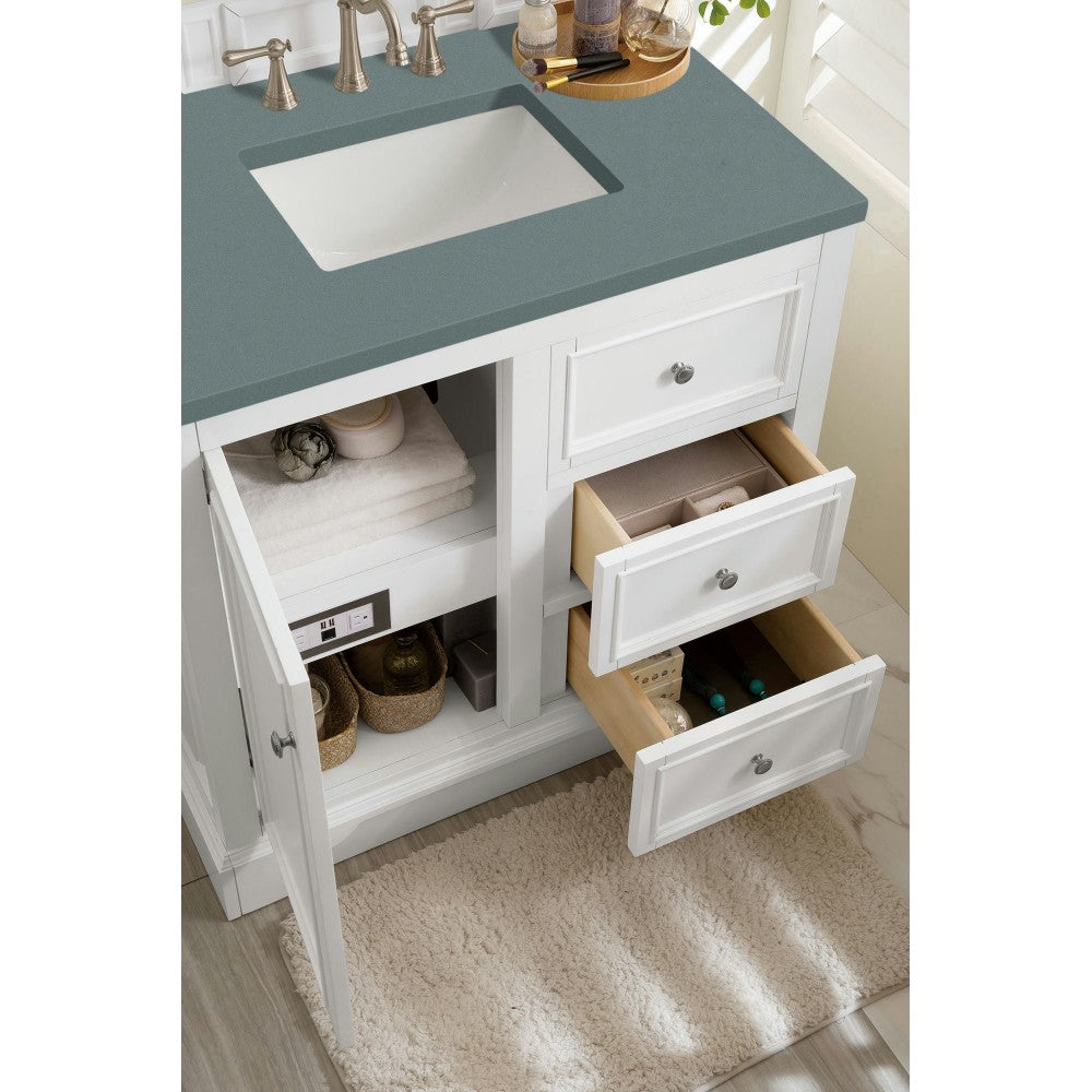De Soto 36" Single Vanity, Bright White w/ 3 CM Cala Blue Quartz Top