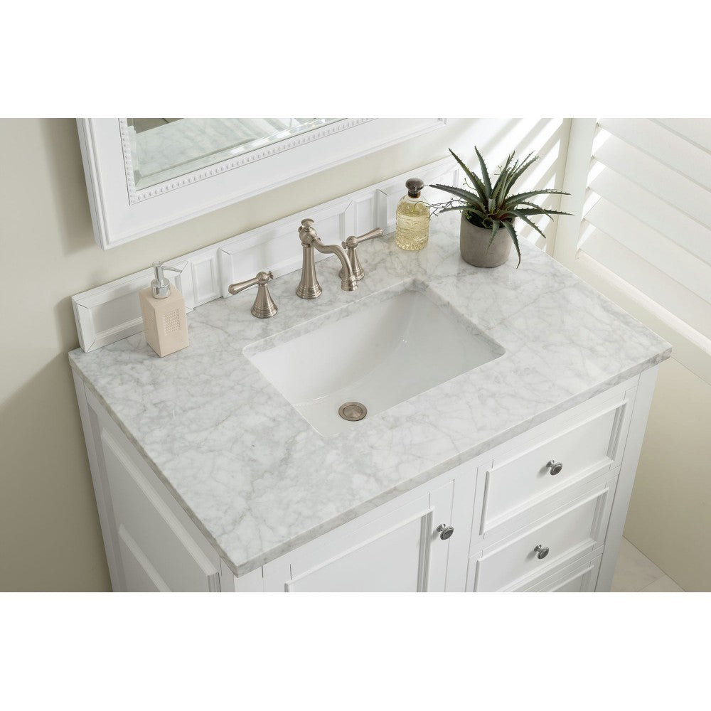 De Soto 36" Single Vanity, Bright White w/ 3 CM Carrara Marble Top
