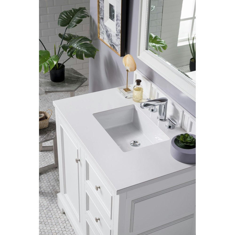De Soto 36" Single Vanity, Bright White w/ 3 CM Classic White Quartz Top