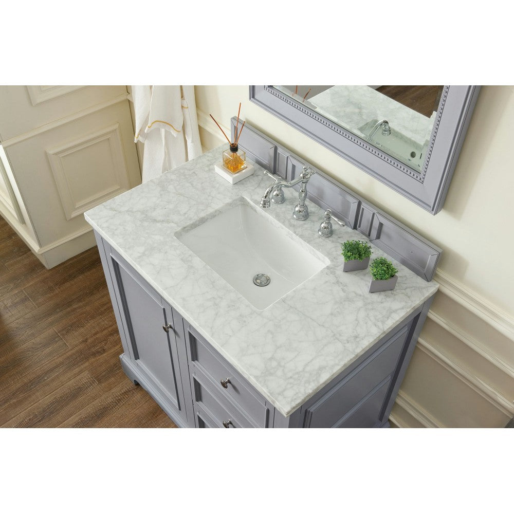 De Soto 36" Single Vanity, Silver Gray w/ 3 CM Carrara Marble Top