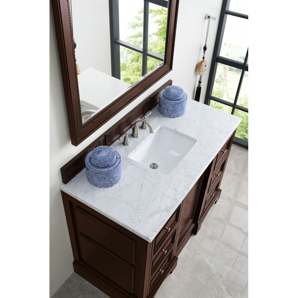 De Soto 48" Single Vanity, Burnished Mahogany w/ 3 CM Carrara Marble Top