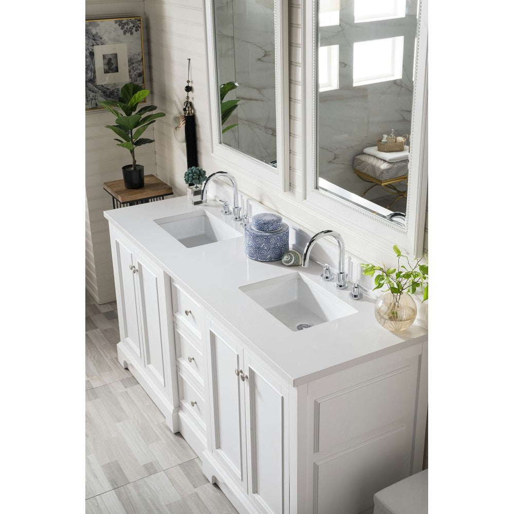 De Soto 72" Double Vanity, Bright White w/ 3 CM Classic White Quartz Top