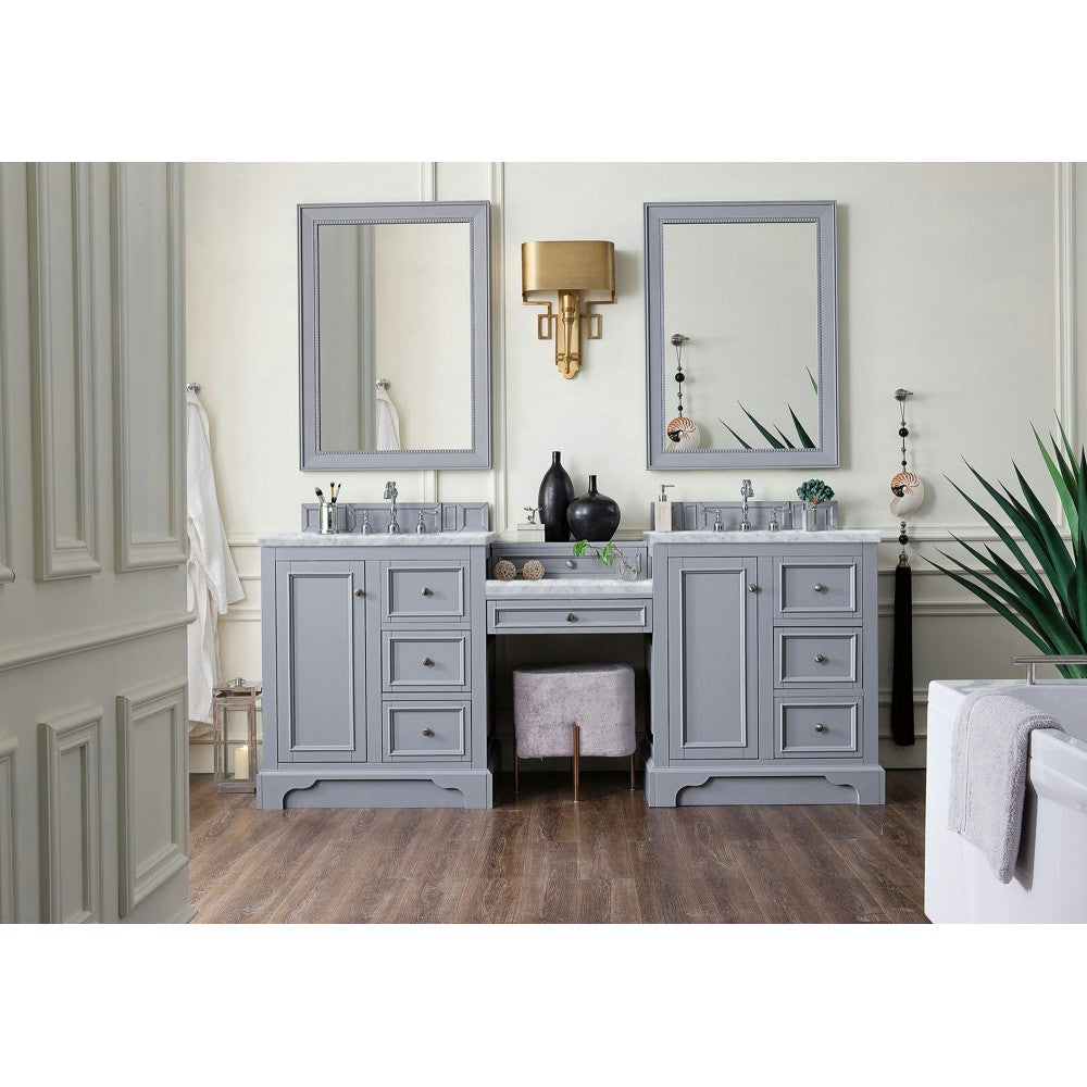 De Soto 82" Double Vanity Set Silver Gray w/Makeup Table 3 CM Carrara Marble Top