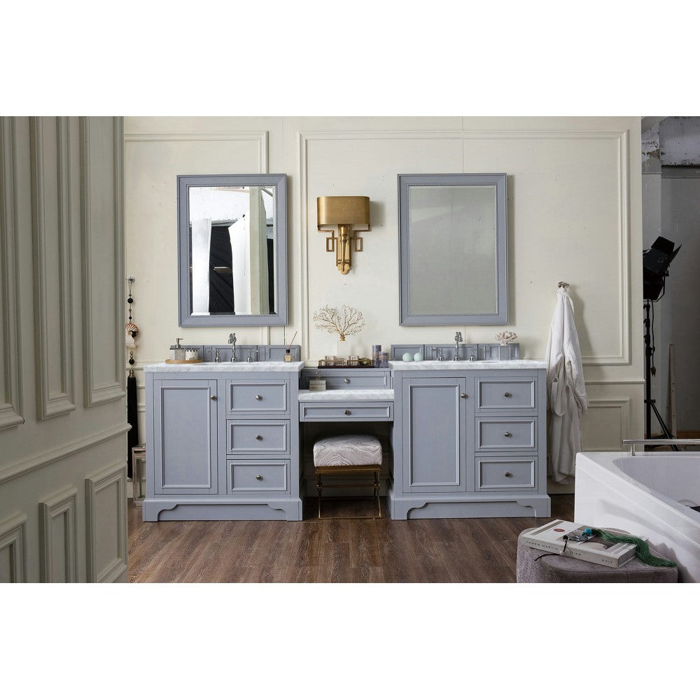 De Soto 94" Double Vanity Set Silver Gray w/Makeup Table 3 CM Carrara Marble Top