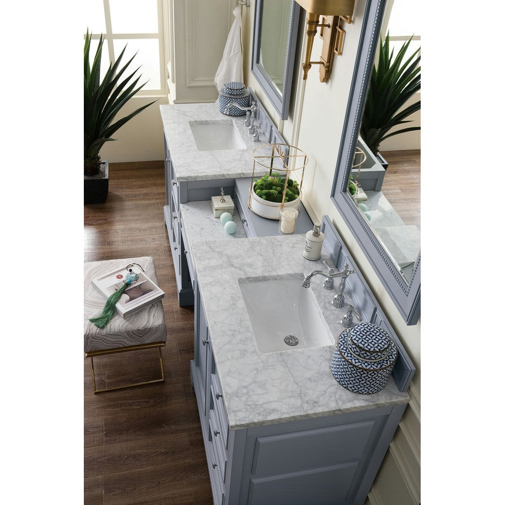 De Soto 94" Double Vanity Set Silver Gray w/Makeup Table 3 CM Carrara Marble Top