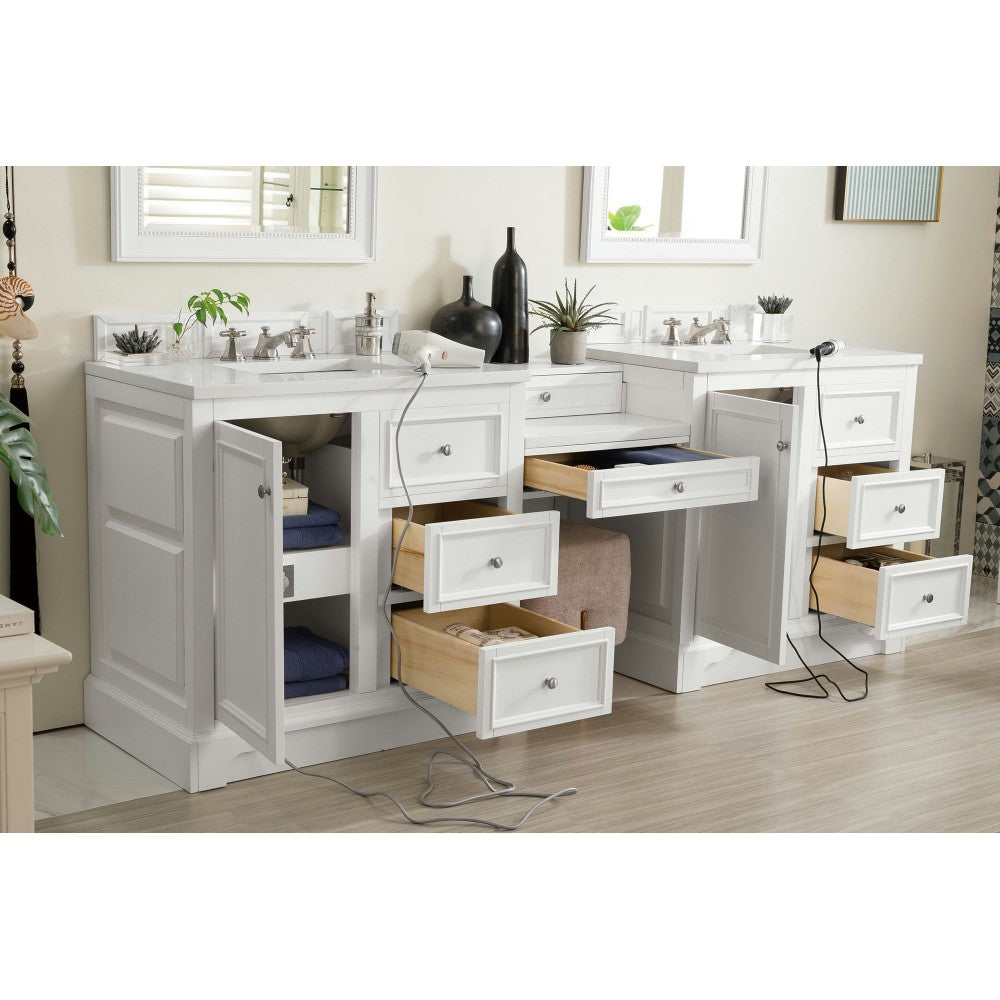 De Soto 94" Double Vanity Set White w/Makeup Table 3 CM Classic White Quartz Top