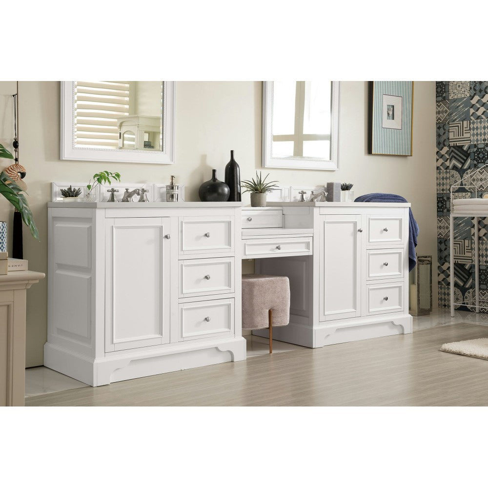 De Soto 94" Double Vanity Set White w/Makeup Table 3 CM Classic White Quartz Top