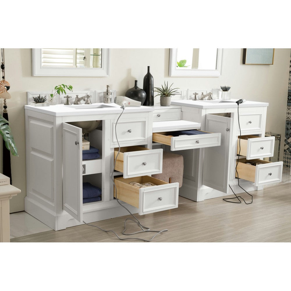 De Soto 94" Double Vanity Set White w/Makeup Table 3 CM Classic White Quartz Top