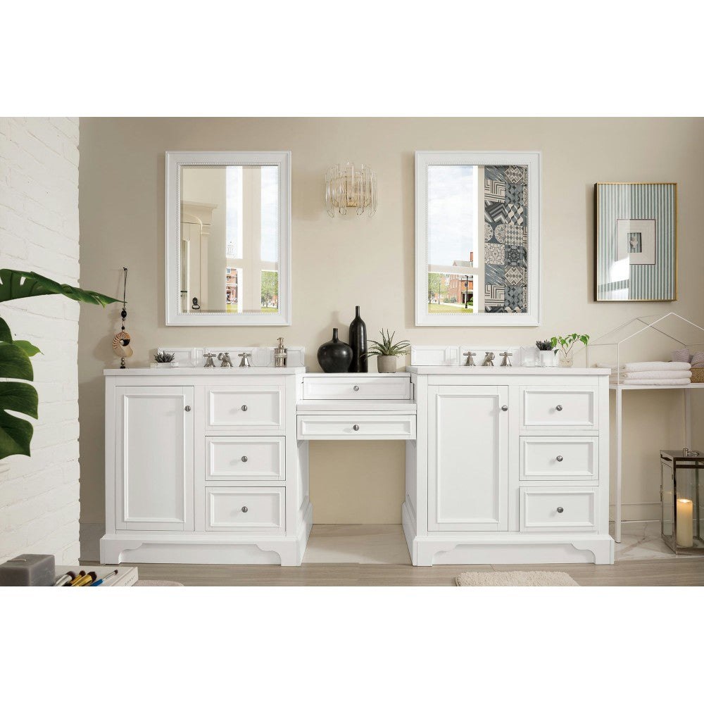 De Soto 94" Double Vanity Set White w/Makeup Table 3 CM Classic White Quartz Top