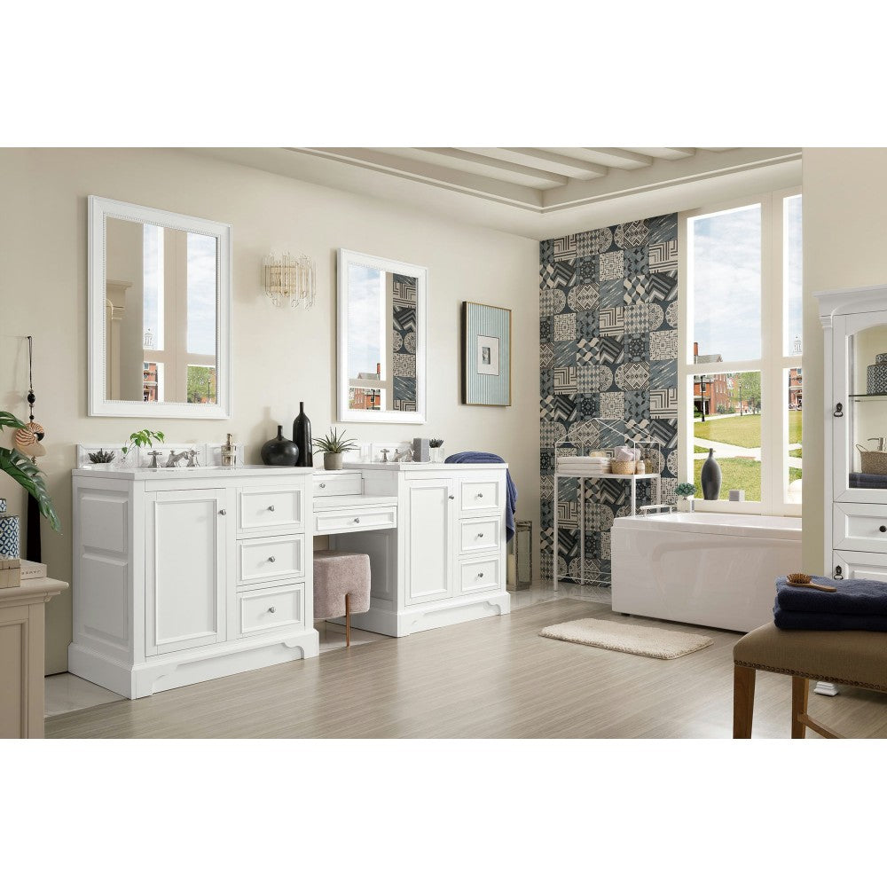 De Soto 94" Double Vanity Set White w/Makeup Table 3 CM Classic White Quartz Top