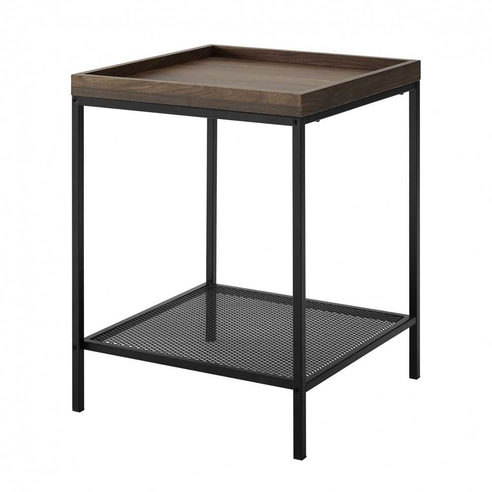 Emma 18" Square Tray Side Table with Mesh Metal Shelf - Dark Walnut