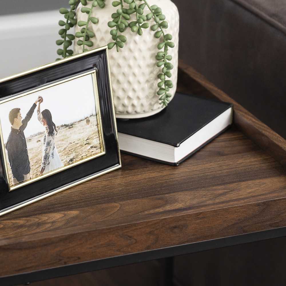 Emma 18" Square Tray Side Table with Mesh Metal Shelf - Dark Walnut