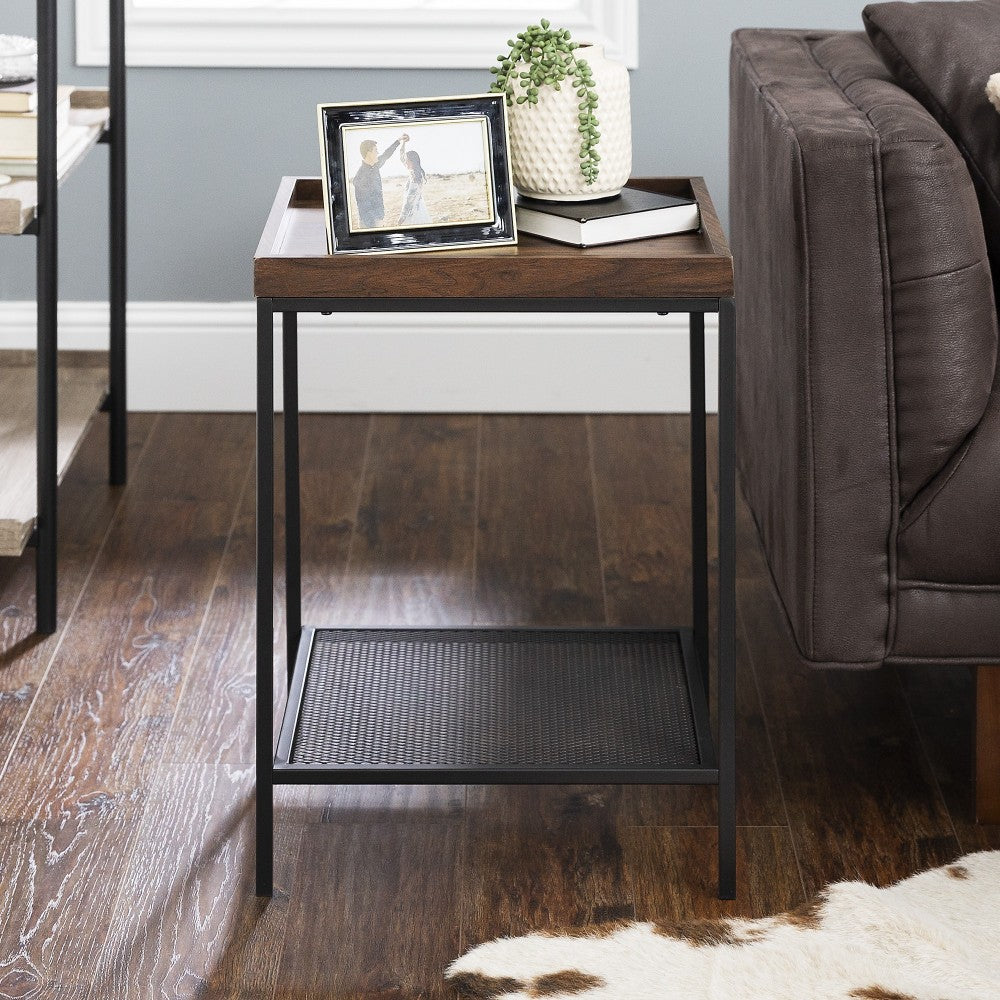 Emma 18" Square Tray Side Table with Mesh Metal Shelf - Dark Walnut