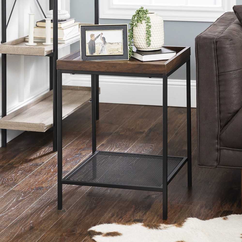 Emma 18" Square Tray Side Table with Mesh Metal Shelf - Dark Walnut