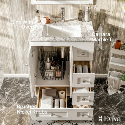 Eviva Happy 24"x18" White Transitional Bathroom Vanity With White Carrara Top