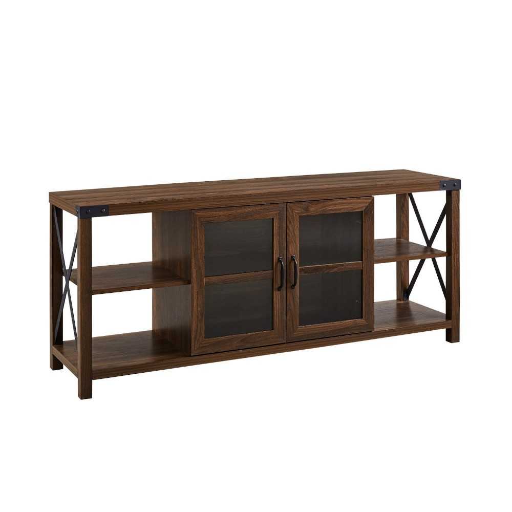 Farmhouse Metal-X Accent Glass Door TV Stand for TVs up to 65" - Dark Walnut