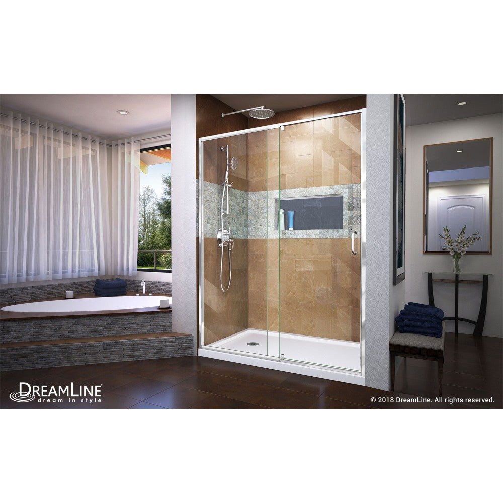 Flex 34 in. D x 60 in. W x 74 3/4 in. H Semi-Frameless Pivot Shower Door in Chrome with Left Drain White Base Kit