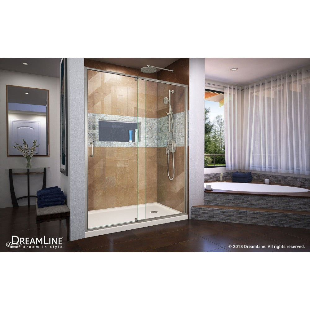 Flex 34 in. D x 60 in. W x 74 3/4 in. H Semi-Frameless Shower Door in Brushed Nickel with Right Drain Biscuit Base Kit