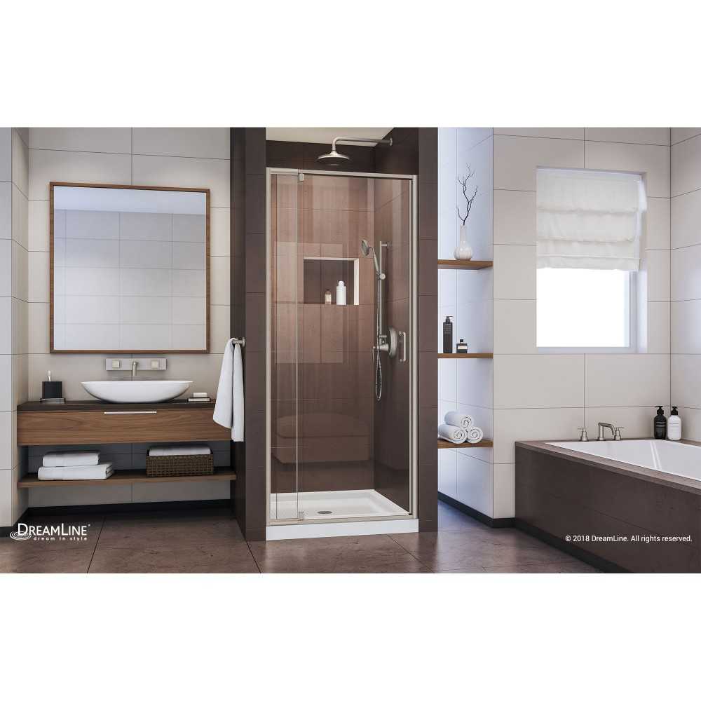 Flex 36 in. D x 36 in. W x 74 3/4 in. H Semi-Frameless Pivot Shower Door in Brushed Nickel and Center Drain White Base
