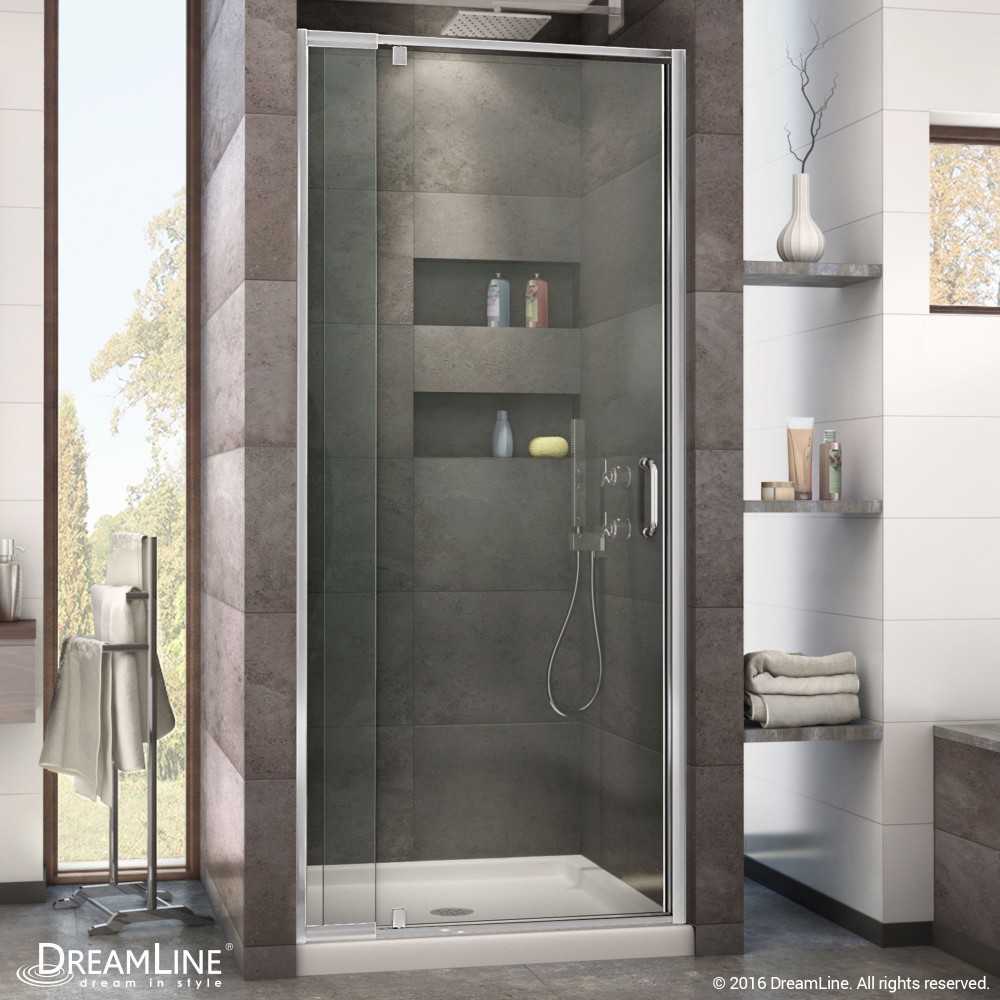Flex 36 in. D x 36 in. W x 74 3/4 in. H Semi-Frameless Pivot Shower Door in Chrome with Center Drain Biscuit Base