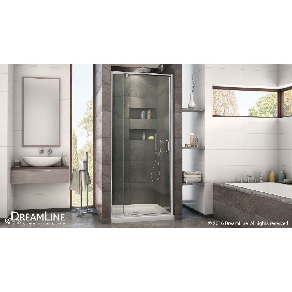 Flex 36 in. D x 36 in. W x 74 3/4 in. H Semi-Frameless Pivot Shower Door in Chrome with Center Drain Biscuit Base