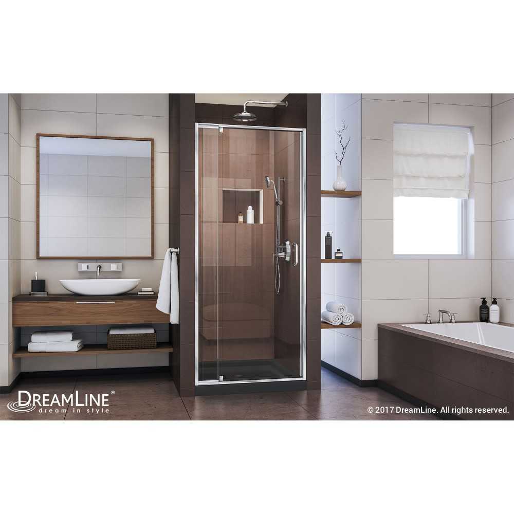 Flex 36 in. D x 36 in. W x 74 3/4 in. H Semi-Frameless Pivot Shower Door in Chrome with Center Drain Black Base
