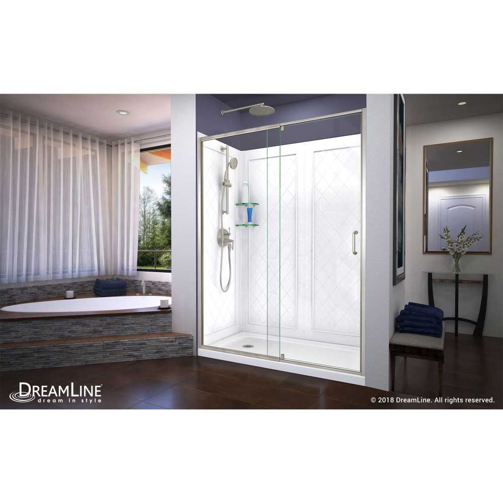 Flex 36 in. D x 60 in. W x 76 3/4 in. H Semi-Frameless Shower Door in Brushed Nickel with Left Drain Base and Backwalls