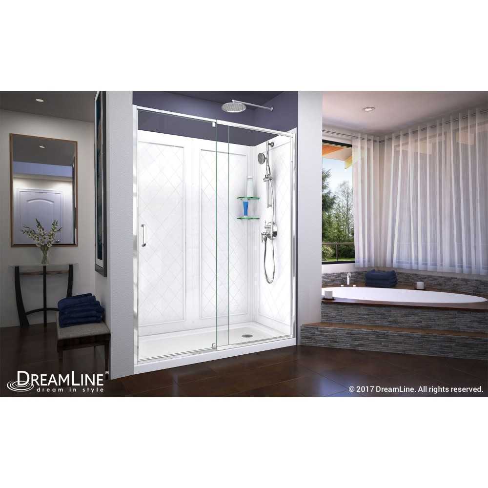 Flex 36 in. D x 60 in. W x 76 3/4 in. H Semi-Frameless Shower Door in Chrome with Right Drain White Base and Backwalls