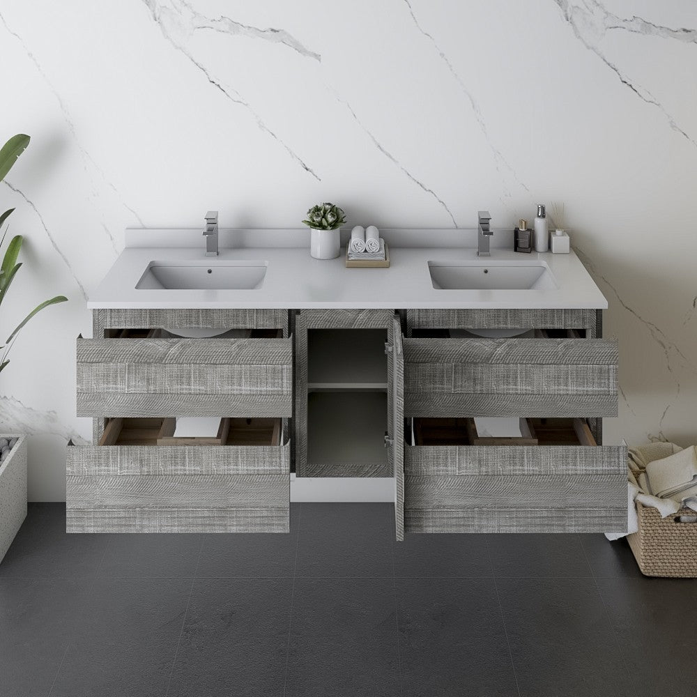 Fresca Formosa 58" Wall Hung Double Sink Modern Bathroom Cabinet in Ash