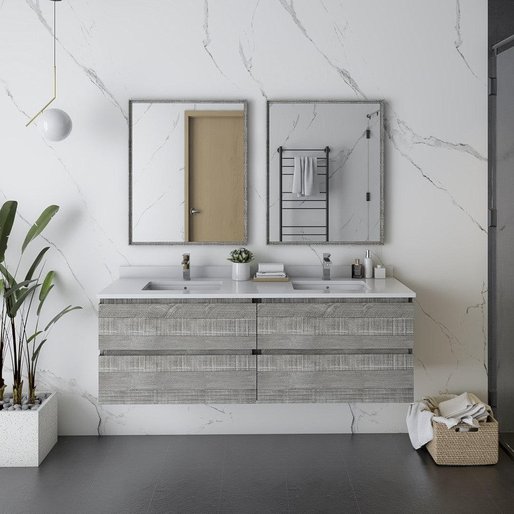 Fresca Formosa 60" Wall Hung Modern Bathroom Cabinet w/ Top & Sinks in Ash