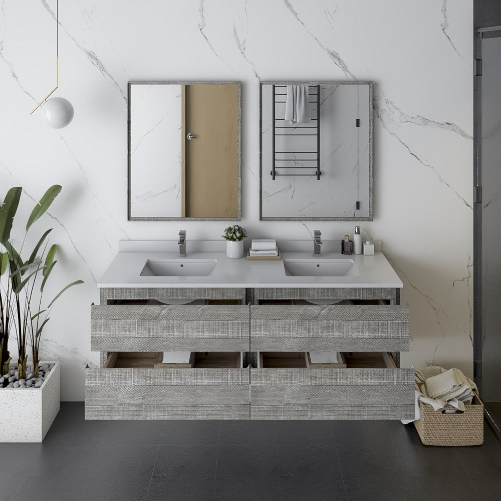 Fresca Formosa 60" Wall Hung Modern Bathroom Cabinet w/ Top & Sinks in Ash
