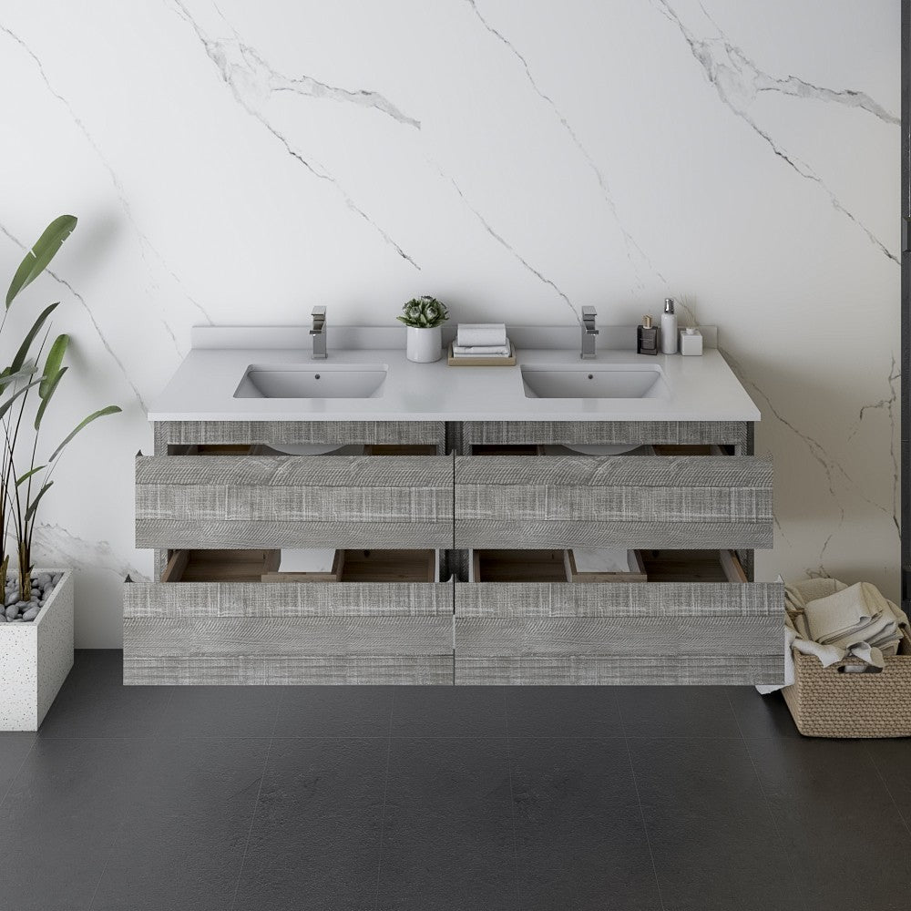 Fresca Formosa 60" Wall Hung Modern Bathroom Cabinet w/ Top & Sinks in Ash
