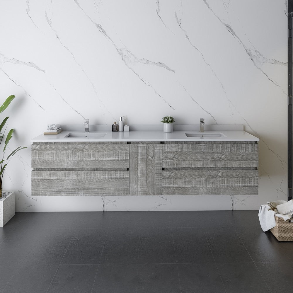 Fresca Formosa 84" Wall Hung Double Sink Bathroom Cabinet w/ Top & Sinks in Ash