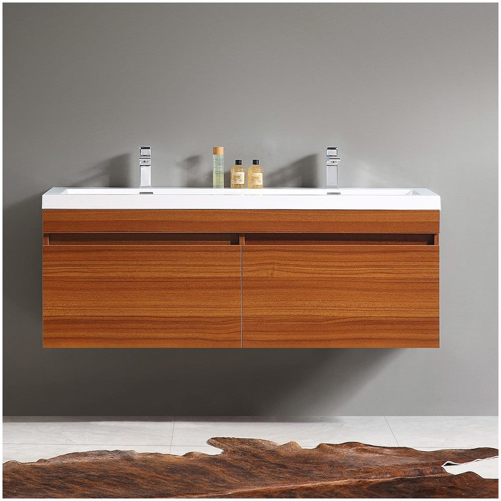 Fresca Largo 57" Teak Modern Double Sink Bathroom Cabinet w/ Integrated Sinks