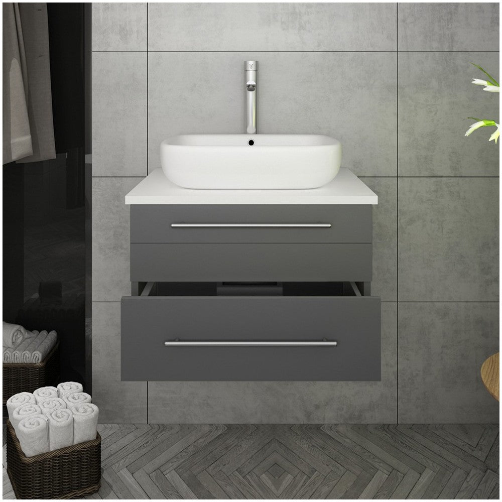 Fresca Lucera 24" Gray Wall Hung Modern Bathroom Cabinet w/ Top & Vessel Sink