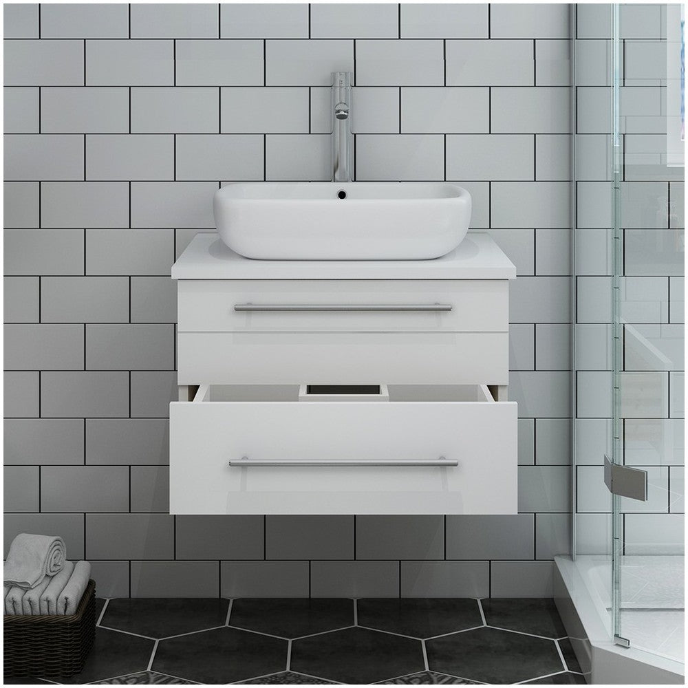 Fresca Lucera 24" White Wall Hung Modern Bathroom Cabinet w/ Top & Vessel Sink