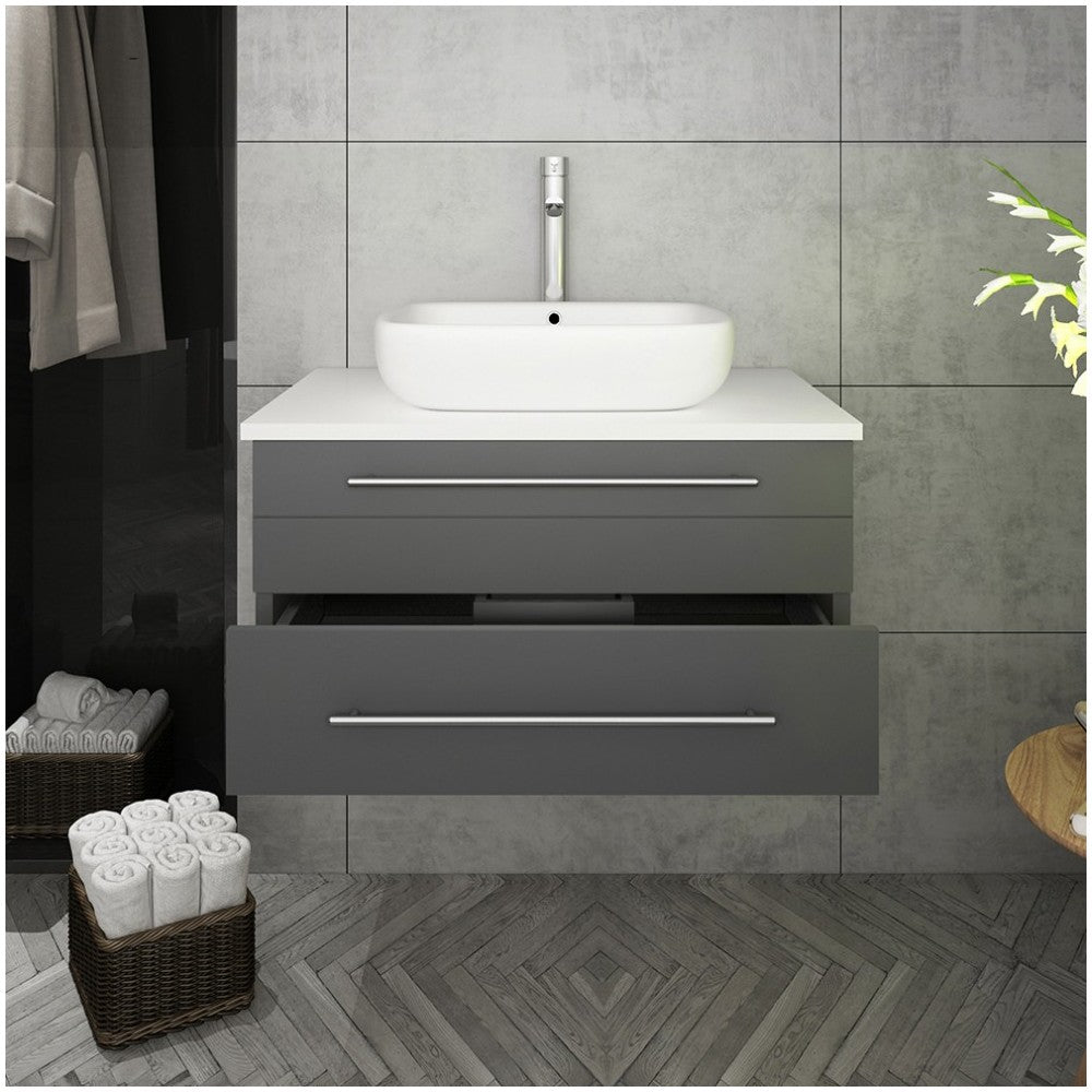 Fresca Lucera 30" Gray Wall Hung Modern Bathroom Cabinet w/ Top & Vessel Sink
