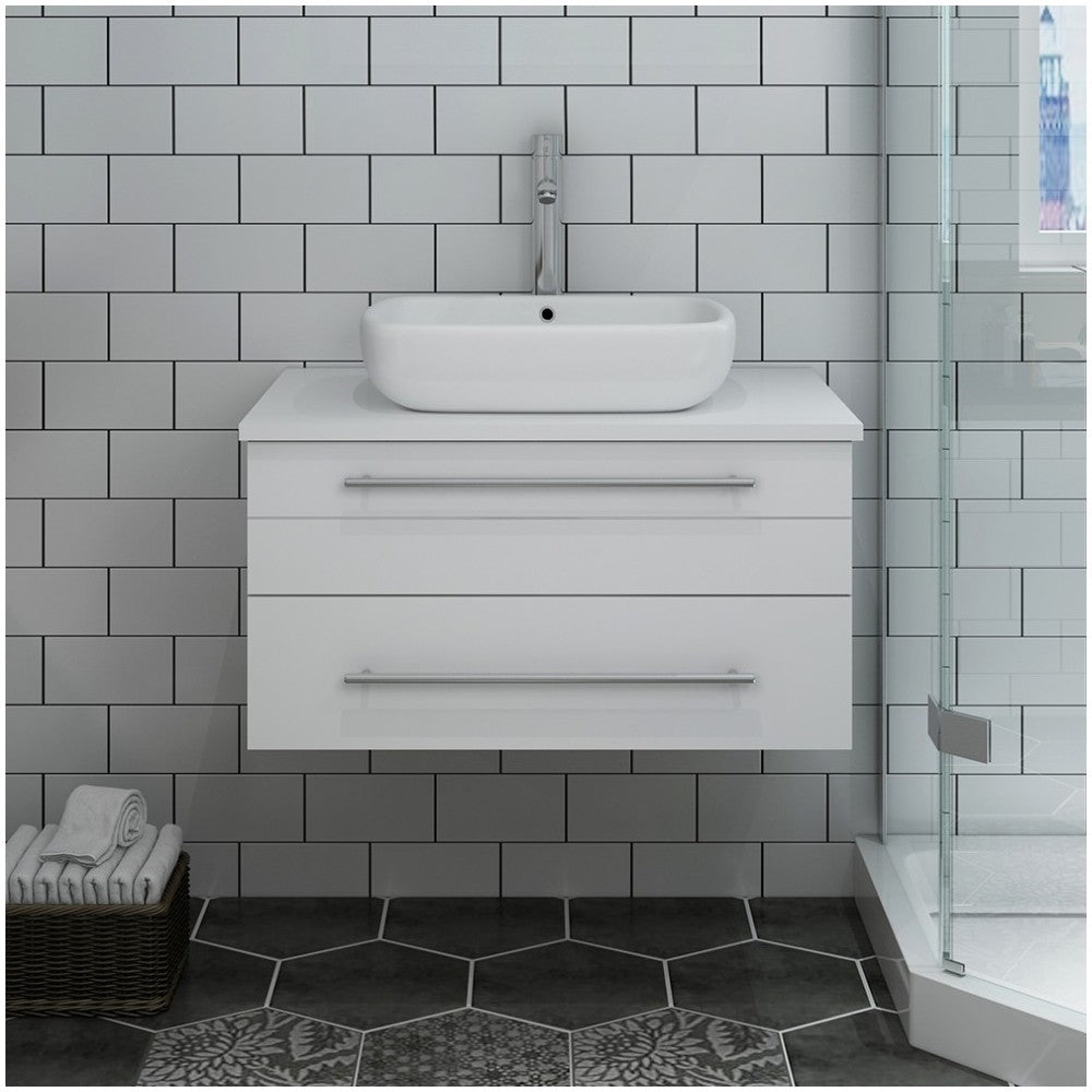 Fresca Lucera 30" White Wall Hung Modern Bathroom Cabinet w/ Top & Vessel Sink