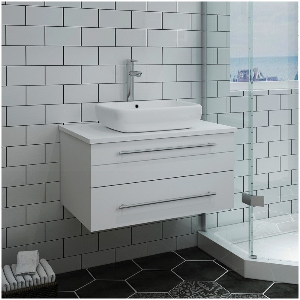 Fresca Lucera 30" White Wall Hung Modern Bathroom Cabinet w/ Top & Vessel Sink