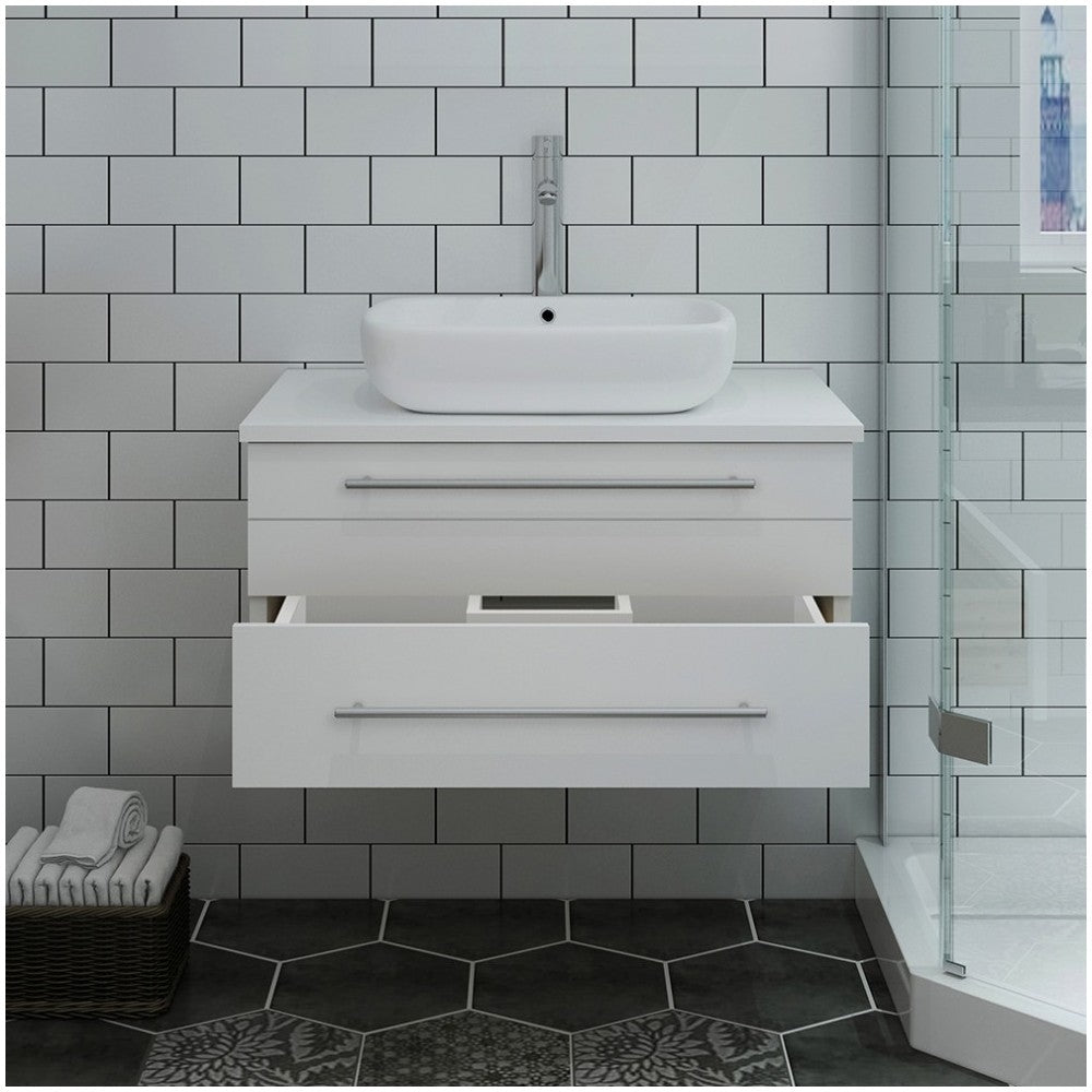 Fresca Lucera 30" White Wall Hung Modern Bathroom Cabinet w/ Top & Vessel Sink