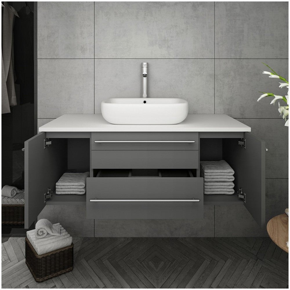 Fresca Lucera 42" Gray Wall Hung Modern Bathroom Cabinet w/ Top & Vessel Sink