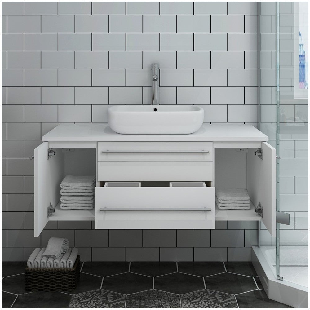 Fresca Lucera 42" White Wall Hung Modern Bathroom Cabinet w/ Top & Vessel Sink