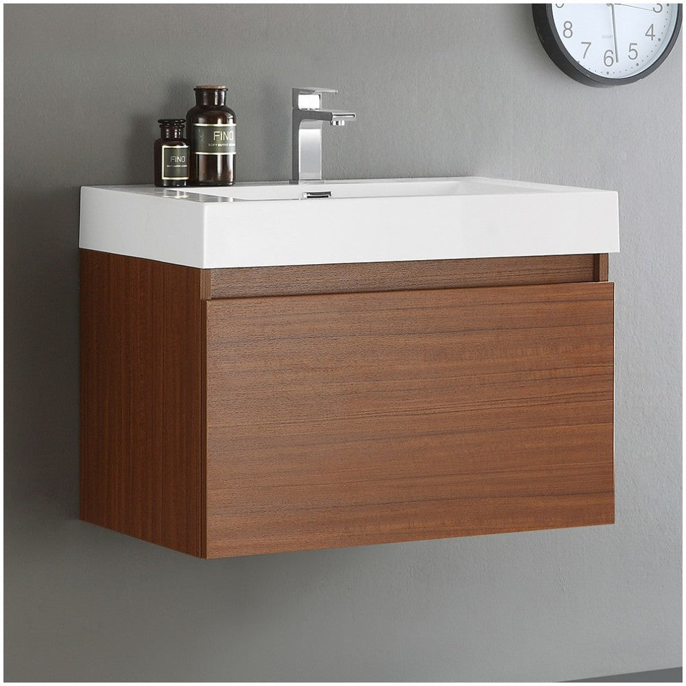 Fresca Mezzo 30" Teak Wall Hung Modern Bathroom Cabinet w/ Integrated Sink