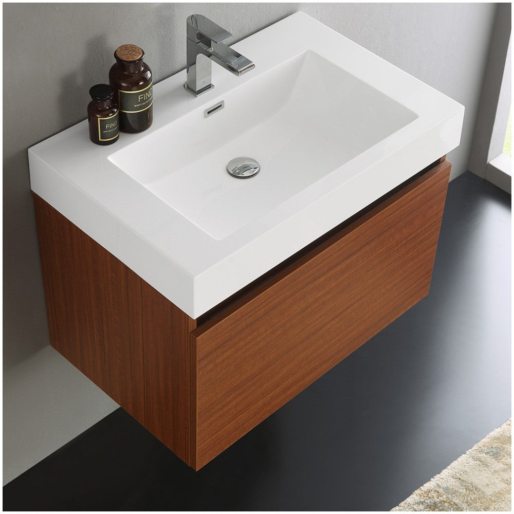 Fresca Mezzo 30" Teak Wall Hung Modern Bathroom Cabinet w/ Integrated Sink